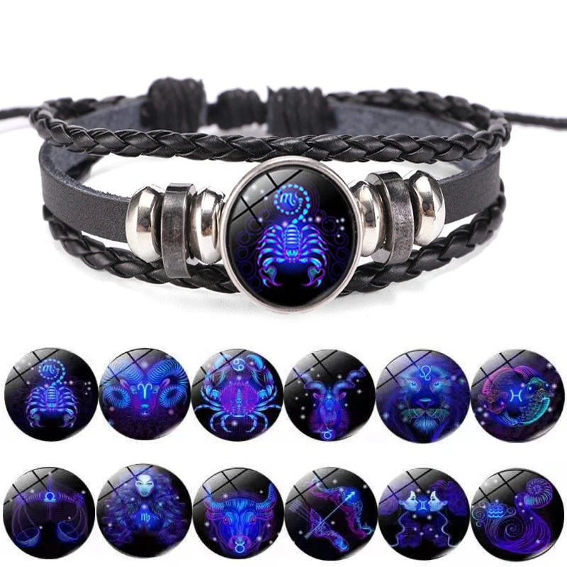 12 Constellation Zodiac Sign Charm Luminous Bracelets Men Women Vintage Multilayer Wrap Leather Bracelet & Bangle Birthday Gift